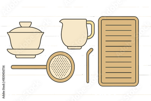 Traditional Asian tea ceremony utensils set including gaiwan, fairness cup, strainer, and tray