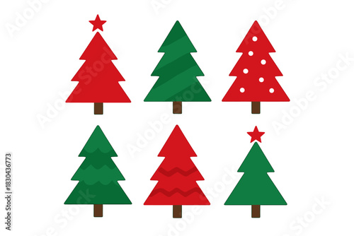 Set of six simple geometric Christmas trees decorated for the festive winter season
