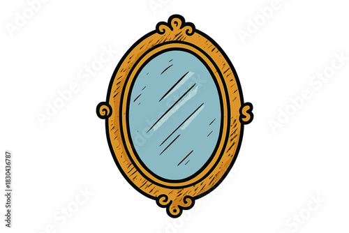 Antique style oval looking glass with decorative golden frame and elegant scrollwork