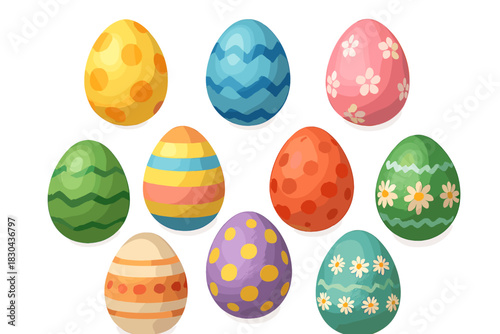 Group of colorful decorated Easter eggs featuring diverse patterns isolated on white