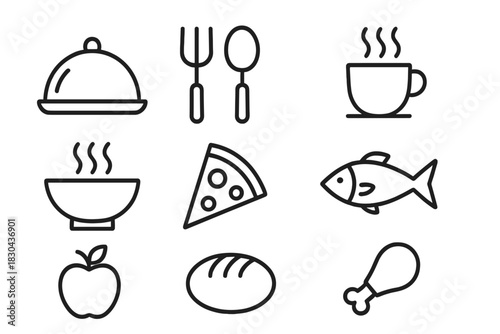 Simple line icons set featuring various food, restaurant, and kitchen related items