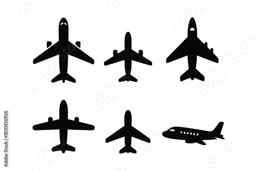 Collection of six black airplane silhouettes for air travel and aviation symbols