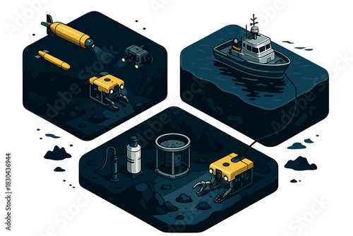 Advanced underwater research vehicles and survey vessel performing seabed operations