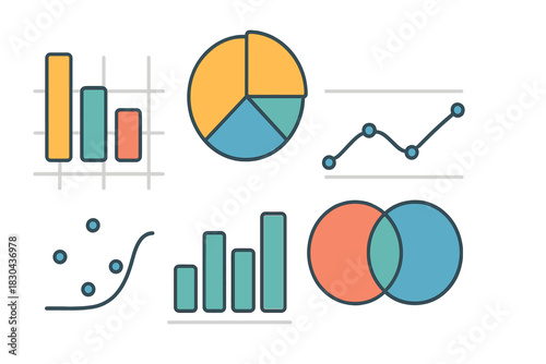 Colorful business data analysis charts and graphs set for financial reporting and statistics visualization