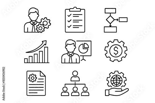 Outline symbols for business administration, financial analysis, and corporate workflow planning
