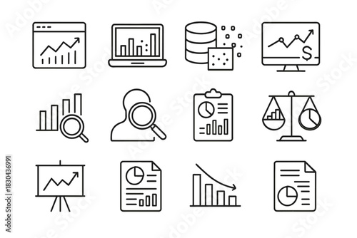 Business analysis and financial reporting outline icons for data research and statistics
