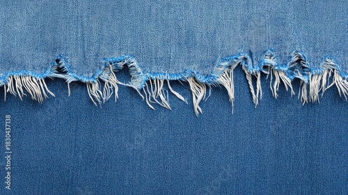 Close-up of ripped denim fabric on blue jeans showcasing texture and style
