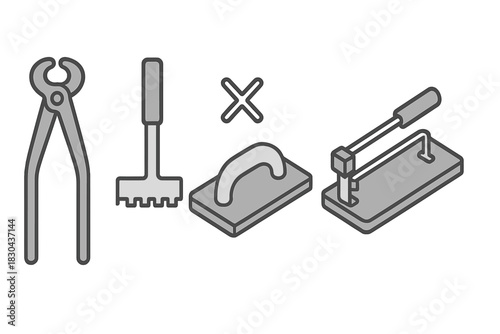 Set of construction and masonry tools including trowels, floats, tongs, and tile cutter