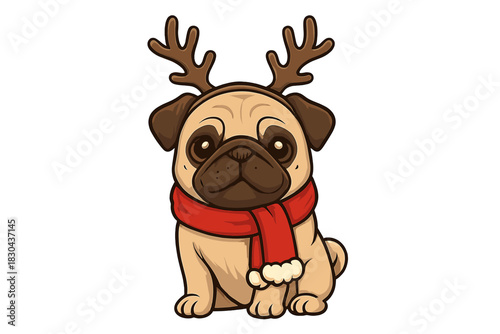 Cute pug dog wearing reindeer antlers and a festive red scarf for Christmas holiday