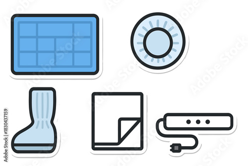 Household utility icons including solar panel, gas burner, cleaning cloth, and power strip