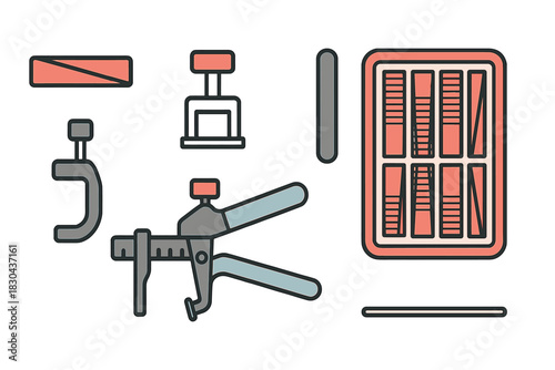 Essential tools for tile leveling systems including wedges, spacers, and tensioning pliers