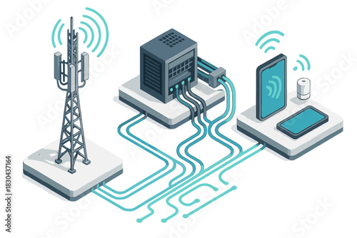 Wireless communication network infrastructure connecting mobile devices via server and cell tower antenna