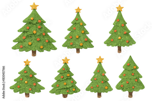 Stylized Christmas trees decorated with ornaments and stars on white