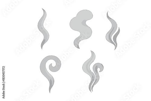 Five stylized gray smoke and steam shapes rising on a clean white background
