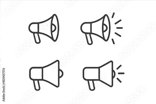 Outline icons of megaphones and loudspeakers for public announcement and marketing