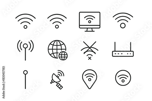 Essential Wi-Fi signal, router, antenna, and global network connectivity icons set