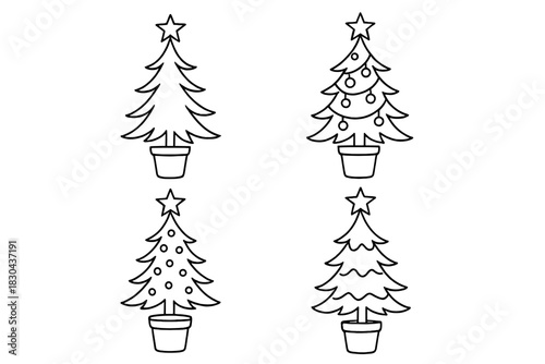 Four simple potted Christmas trees with stars and ornaments in black outline style