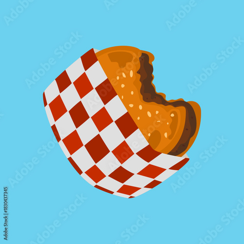 Bitten Cheeseburger in Checkered Paper Wrap Vector. Flat vector illustration of a bitten delicious cheeseburger wrapped in red and white checkered paper isolated on a blue background.