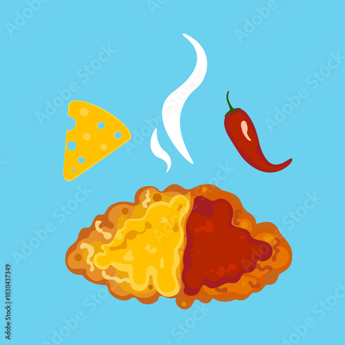 Chicken Cutlet with Melted Cheese and Spicy Sauce Vector. Hot fried chicken cutlet or steak, topped with melted cheese and red sauce, accompanied by a chili pepper and cheese slice.