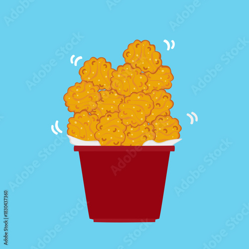 Bucket of Crispy Fried Chicken Nuggets Vector Illustration.Cartoon illustration of a red, overflowing bucket filled with crispy fried chicken nuggets or popcorn chicken, isolated on a blue background.