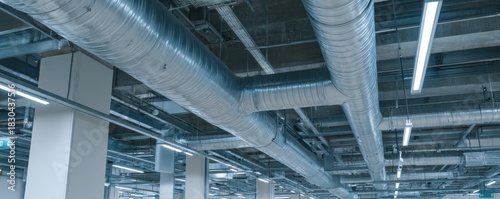Industrial ceiling with silver metal air conditioning ducts in modern building