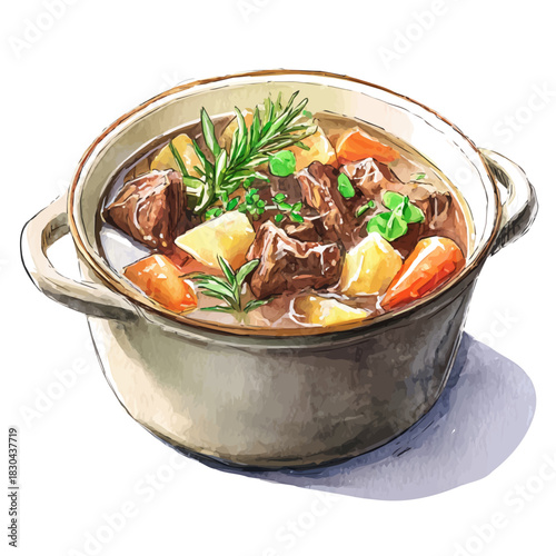 Lamb Stew illustrated in isometric watercolor style, isolated on white.