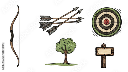Archery Icons Bow, Arrows, Target, Tree, and Signboard Illustrations for Outdoors and Recreation