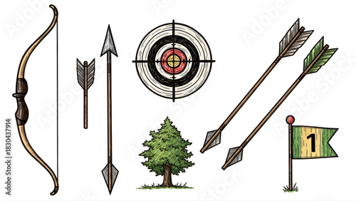 Archery Elements Bow, Arrows, Target, and More - A Vector Illustration Set for Design