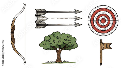 Archery equipment and target, drawing of a tree and a flag with number one, a collection of illustrated items for sport and nature