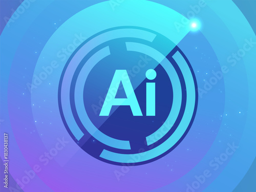 Artificial intelligence with Futuristic Letter AI at the center in Radar Circles data scanning Technology Analysis vector design concept. AI technology for advance technology, data visualization, web.