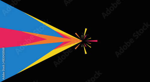 A vibrant abstract design features a dynamic convergence of colorful geometric shapes, creating an energetic burst effect against a deep black background.