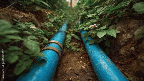 Wallpaper Mural Blue pipes running through lush green foliage, surrounded by vibrant plants and flowers, creating a natural contrast in an outdoor environment with a sense of tranquility Torontodigital.ca