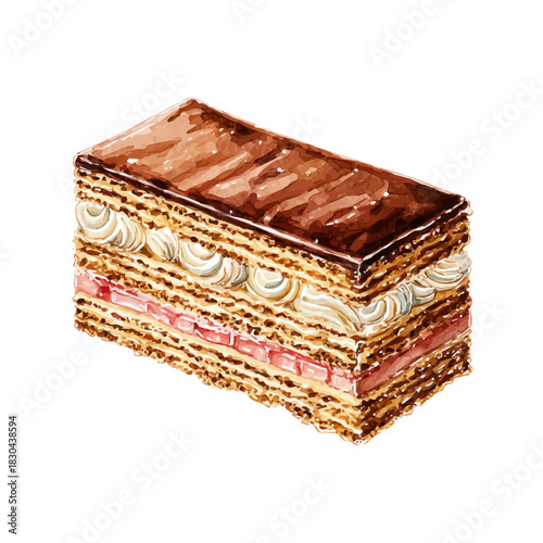 Isometric watercolor rendering of Opera Cake, isolated on a clean white background.