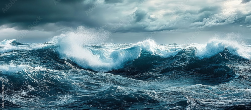 Fototapeta premium A dramatic ocean scene with turbulent waves against a moody sky, capturing the power and beauty of nature in motion.