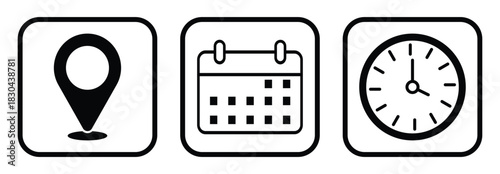 Time, Date, Address Icons Set — Stopwatch, Calendar and Location Vector illustration.