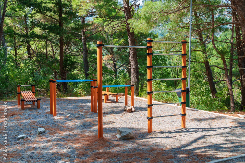 Fototapeta premium A sports ground and exercise equipment in the forest, for sports and health, surrounded by nature on a bright sunny day