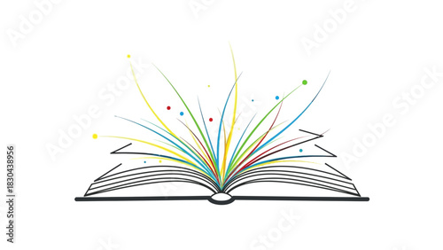 An open book with colorful lines and dots bursting from its pages, symbolizing creativity, knowledge, and imagination.