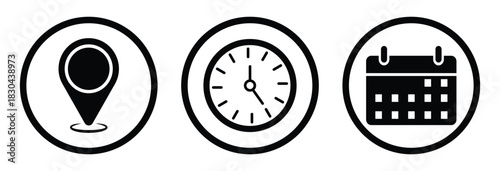 Time, Date, Address Icons Set — Stopwatch, Calendar and Location Vector illustration.