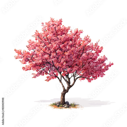 Cherry Tree in detailed isometric watercolor art, isolated on a pure white backdrop.