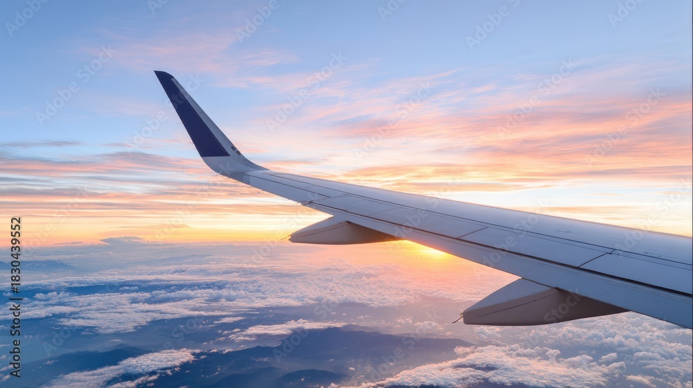 Obraz premium Serene sunset view from airplane window above the clouds for travel inspiration