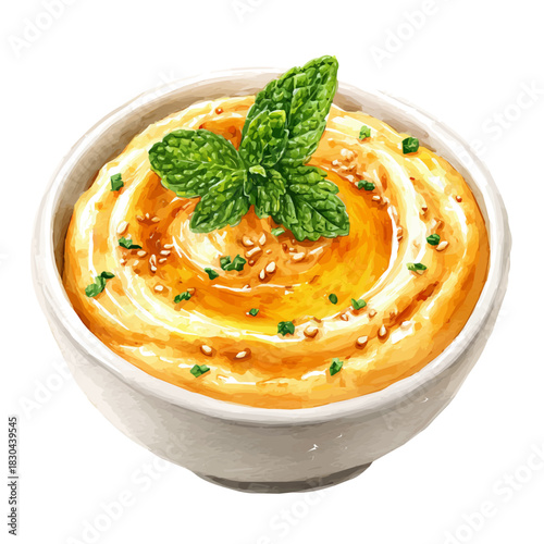 Watercolor isometric artwork featuring Hummus, presented on white background.