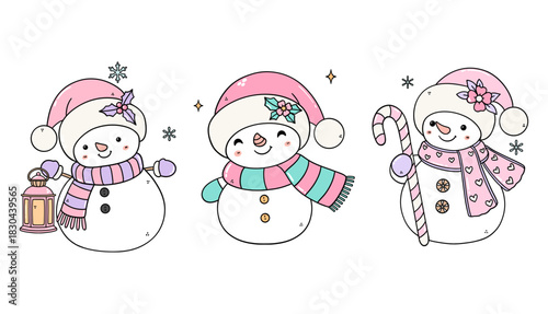Cute Snowman Trio on White Background – Pastel Christmas Illustration Vector. Adorable pastel snowman trio with holiday accessories, perfect for festive cards, stickers and winter decor. Soft colors