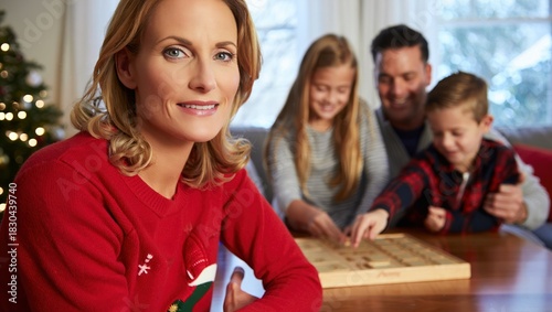 Joyful mother plays a festive board game with her kids by the Christmas tree.