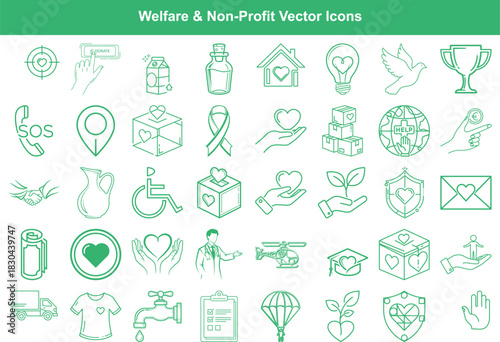 A supportive collection of welfare and non profit vector icons representing charity, help, and community outreach