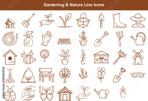 A diverse outline icon collection representing various gardening and nature elements for outdoor hobby themes