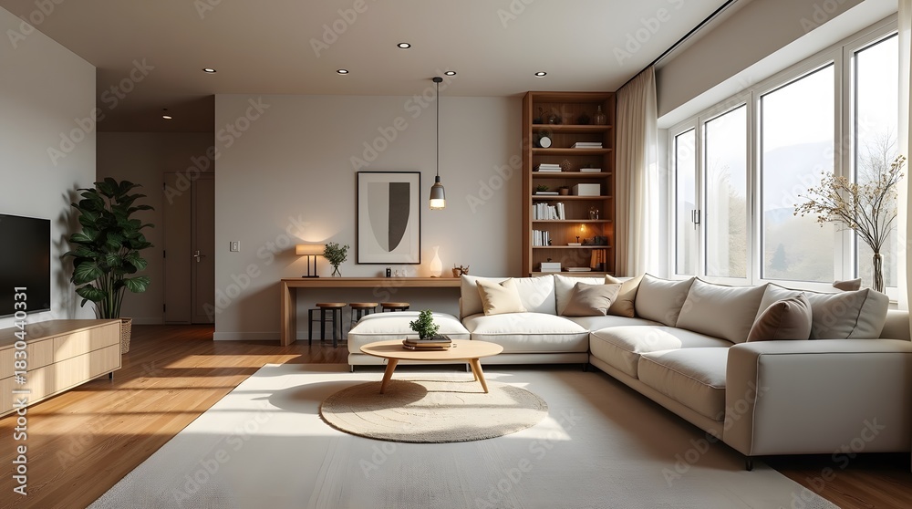 Fototapeta premium Theme Interior, Scandinavian living room with workspace integration