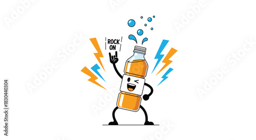 A happy cartoon beverage bottle with an energetic expression makes a 'rock on' hand gesture, surrounded by lightning bolts and refreshing splashes.