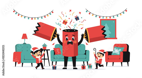 Excited children in Santa hats celebrate as a Christmas cracker pops open, releasing gifts and confetti in a festive living room.
