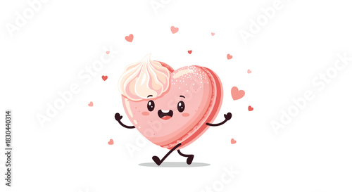 An adorable, pink, heart-shaped macaron character with a dollop of cream on its head, smiling and walking happily amidst floating tiny hearts.