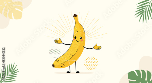 Cheerful cartoon banana with a happy face and outstretched arms, standing bright amidst tropical leaves and sunshine on a light background, symbolizing health and joy.